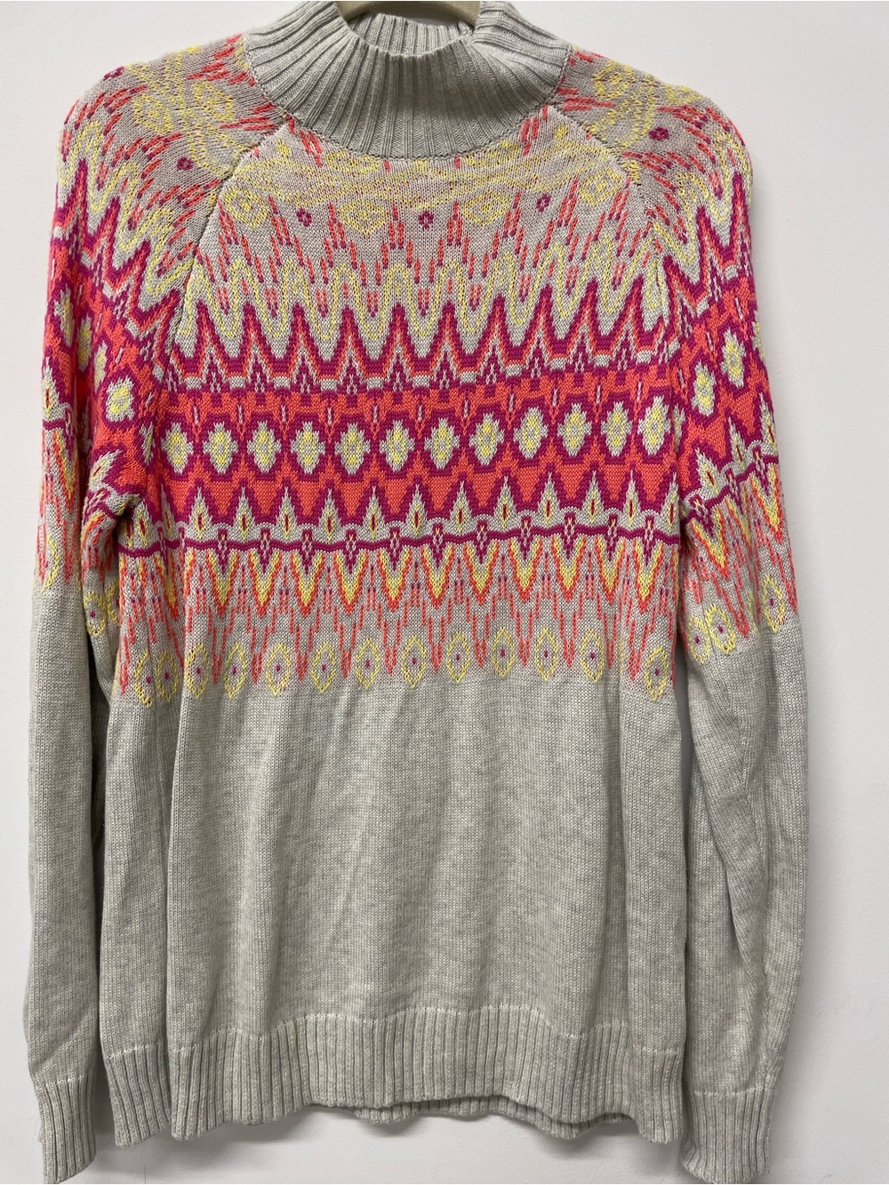 Women's Fair Isle Mock Neck Sweater in Light Gray with Pink Pattern